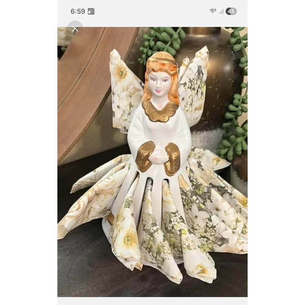 Vintage Ceramic Lady Napkin Holder Figurine White Gold Trim Mid Century Kitsch